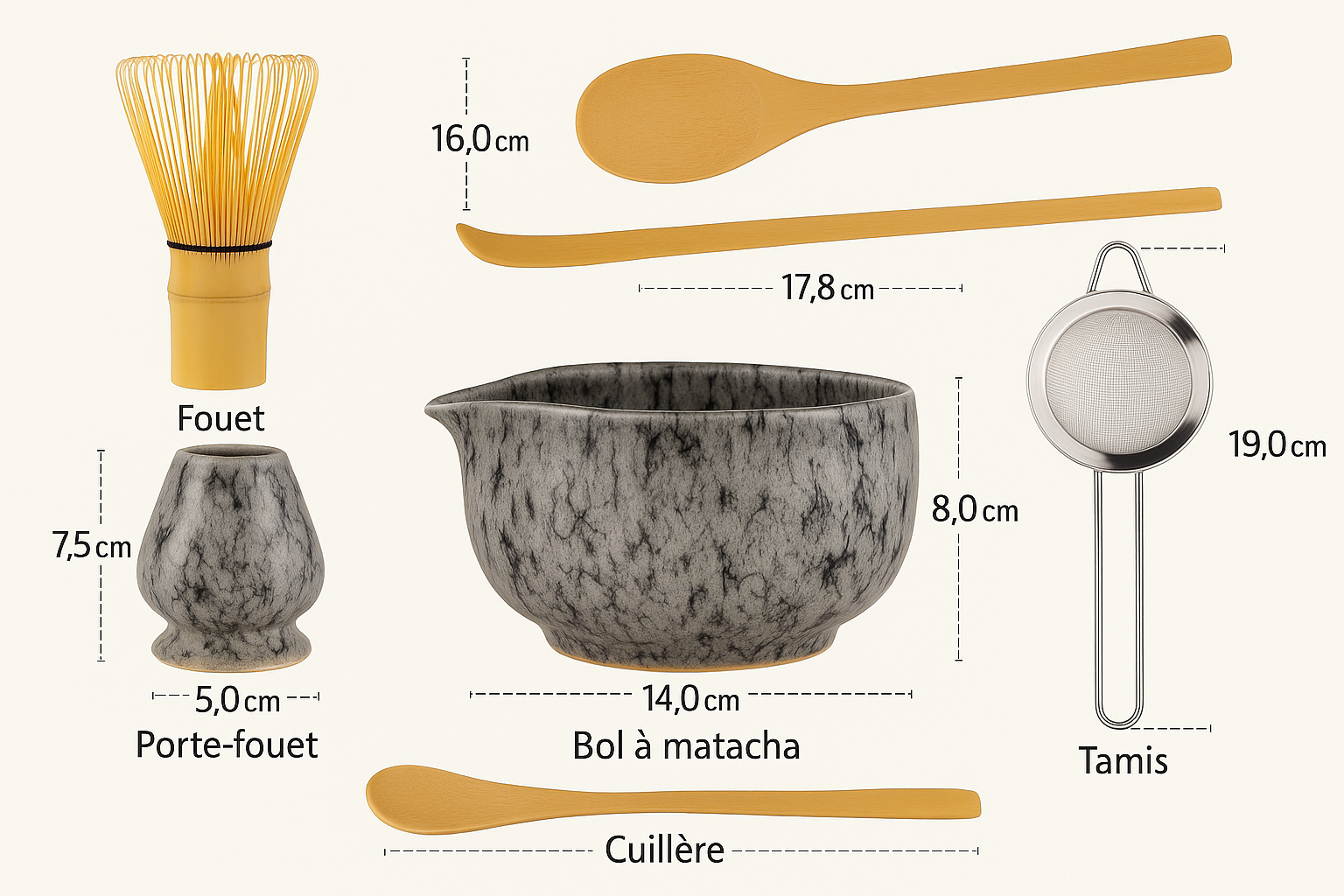 Coffret cérémonie du thé matcha avec bol en céramique marbrée, support à fouet et cuillère doseuse en bambou chashaku
