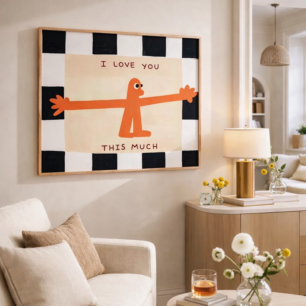Affiche murale I Love You This Much au design graphique moderne dans un intérieur chaleureux