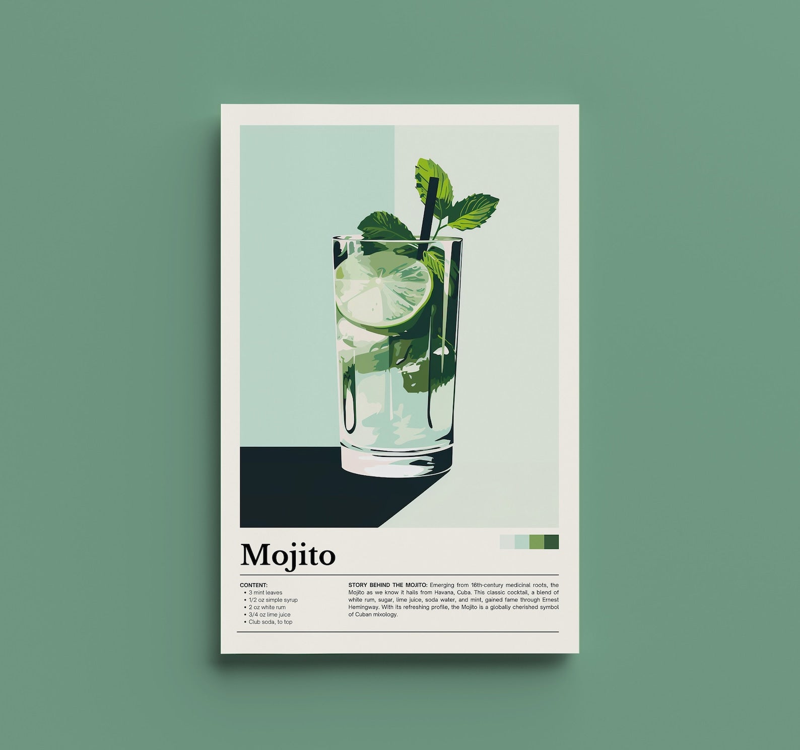 Affiche cocktail Mojito – Illustration minimaliste avec feuille de menthe et citron vert