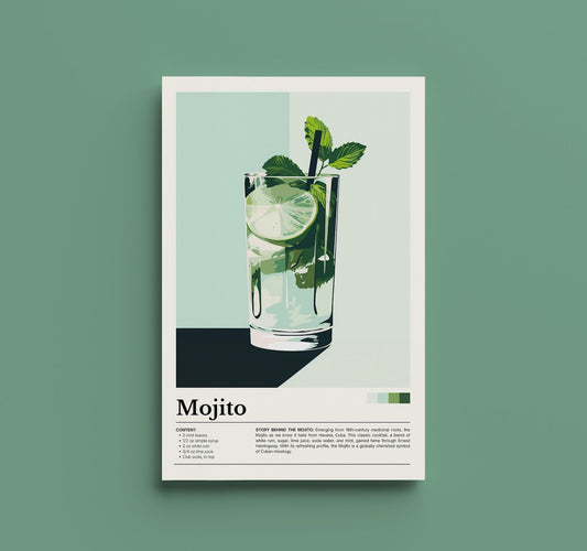 Affiche cocktail Mojito – Illustration minimaliste avec feuille de menthe et citron vert