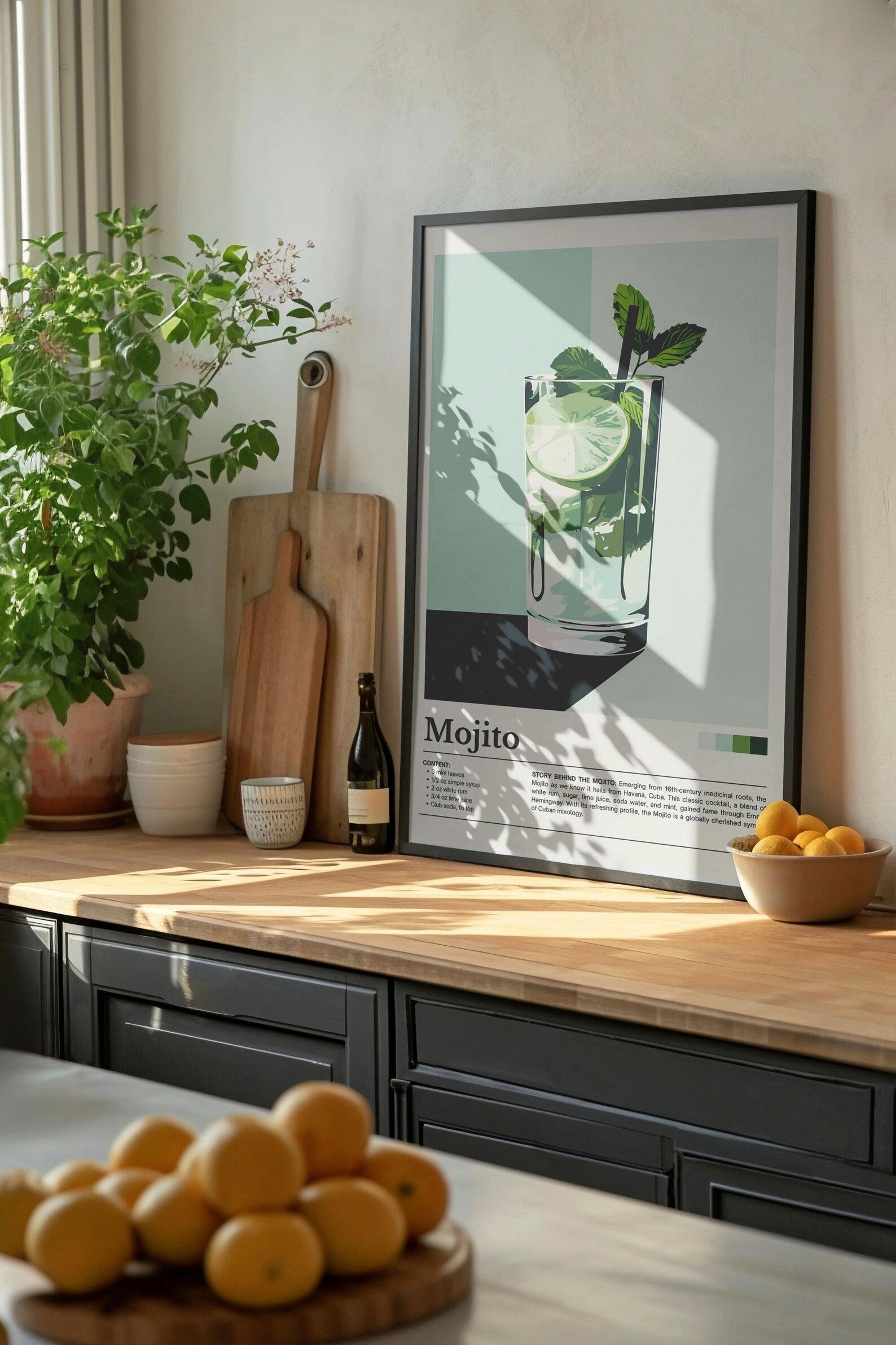 Affiche cocktail Mojito – Poster illustré avec menthe fraîche et citron vert, en cuisine