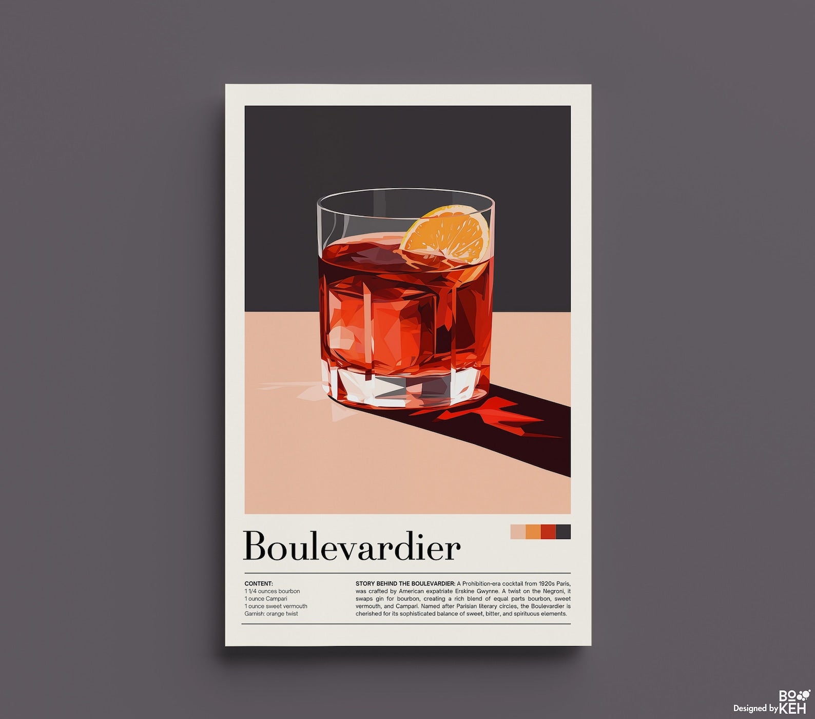 Affiche cocktail Boulevardier – Illustration d’un cocktail foncé avec orange twist