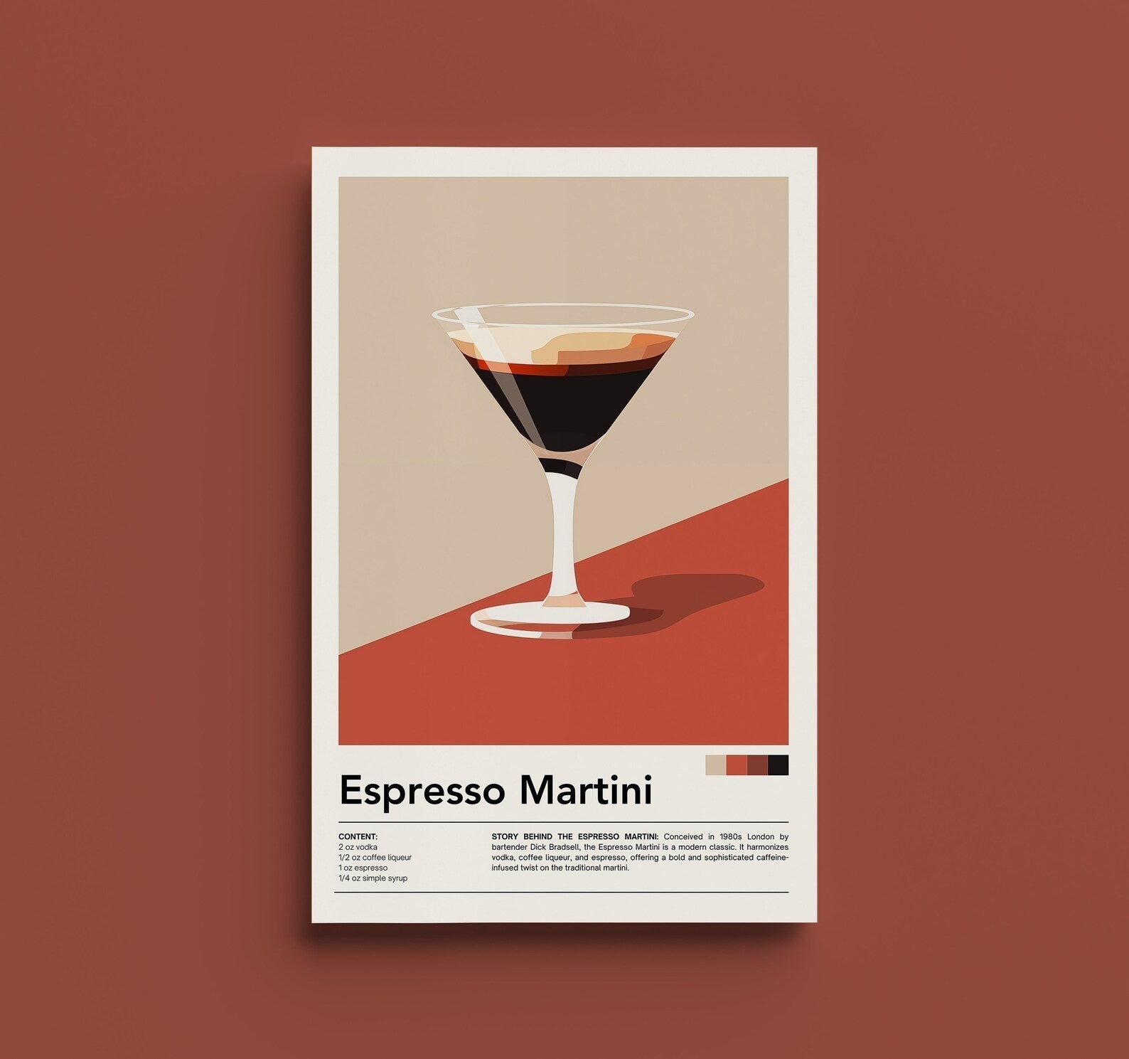 Affiche cocktail Espresso Martini – Design graphique sur fond bicolore rouge et beige