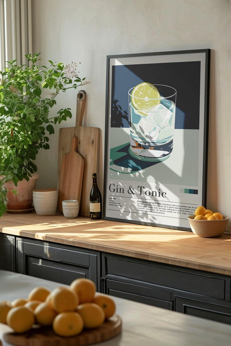 Affiches Cocktails encadrées – Visuel déco dans un salon au style moderne et chaleureux