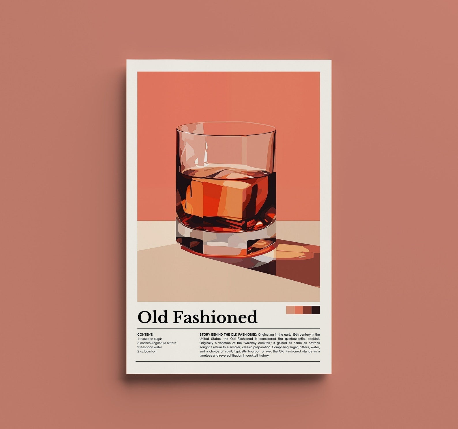 Affiche cocktail Old Fashioned – Poster moderne avec glaçons et reflets ambrés