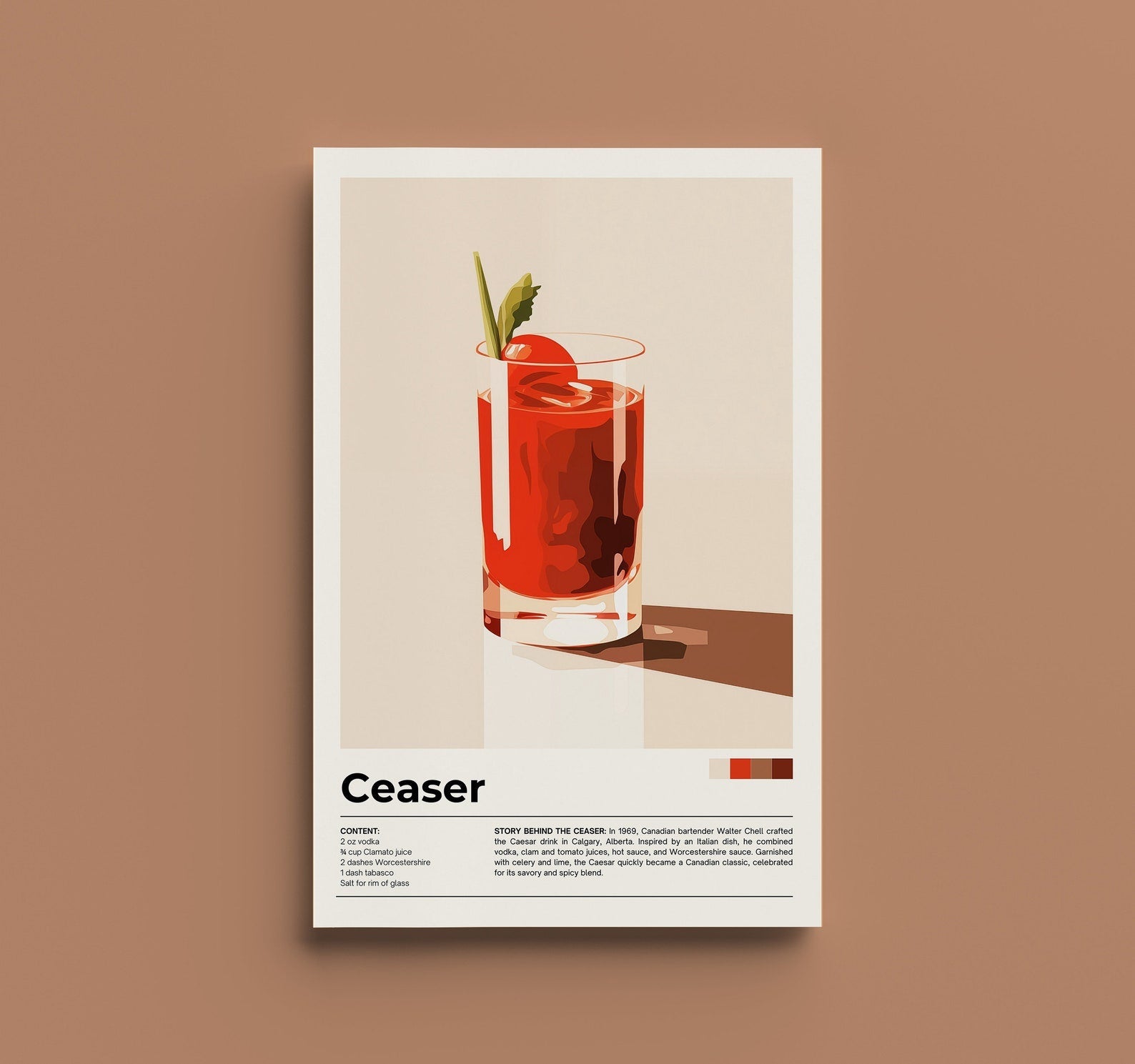 Affiche cocktail Caesar – Illustration design d’un verre rouge avec branche de céleri