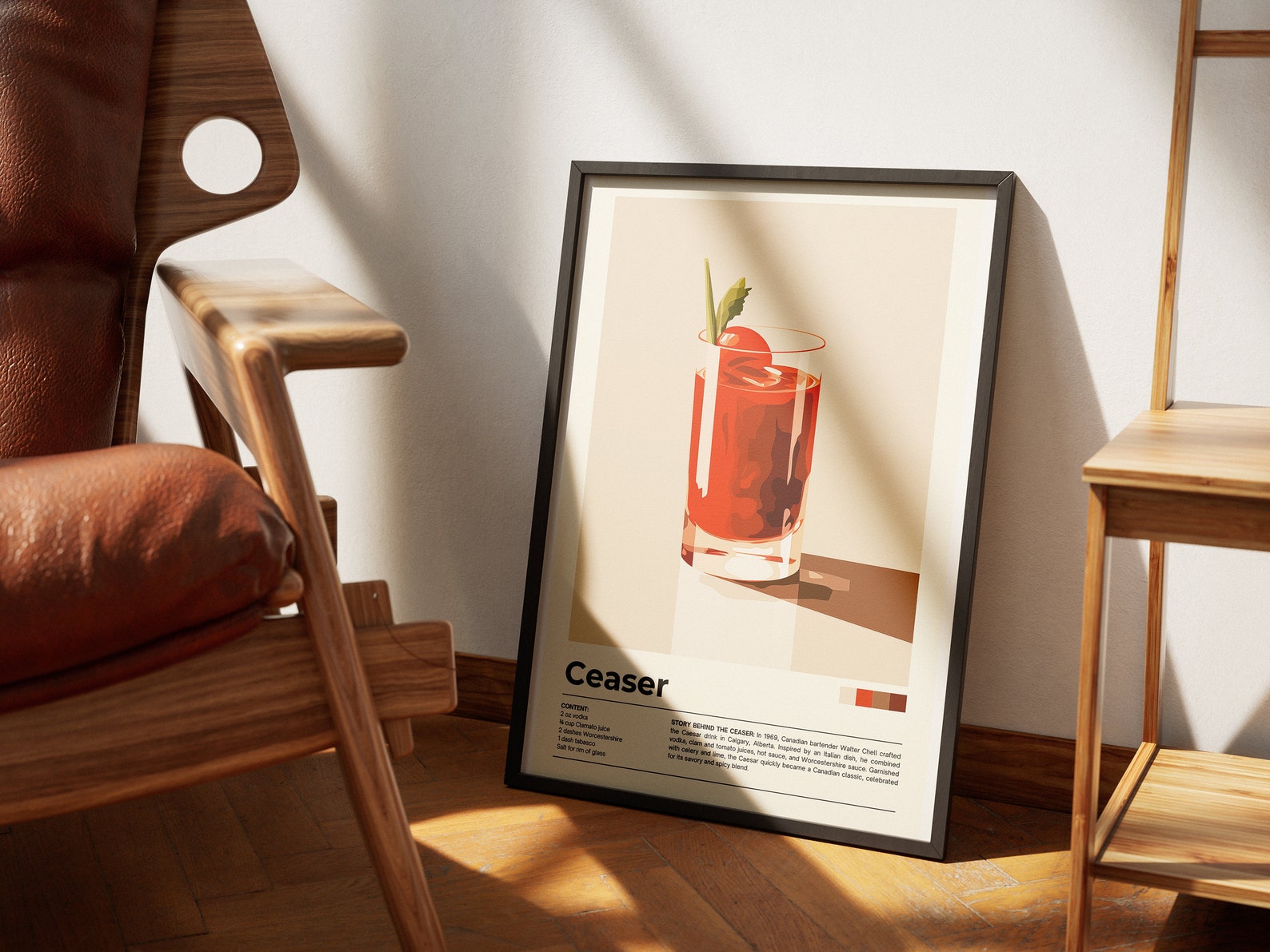 llustration cocktail encadrée – Affiche décorative dans ambiance intérieure chaleureuse