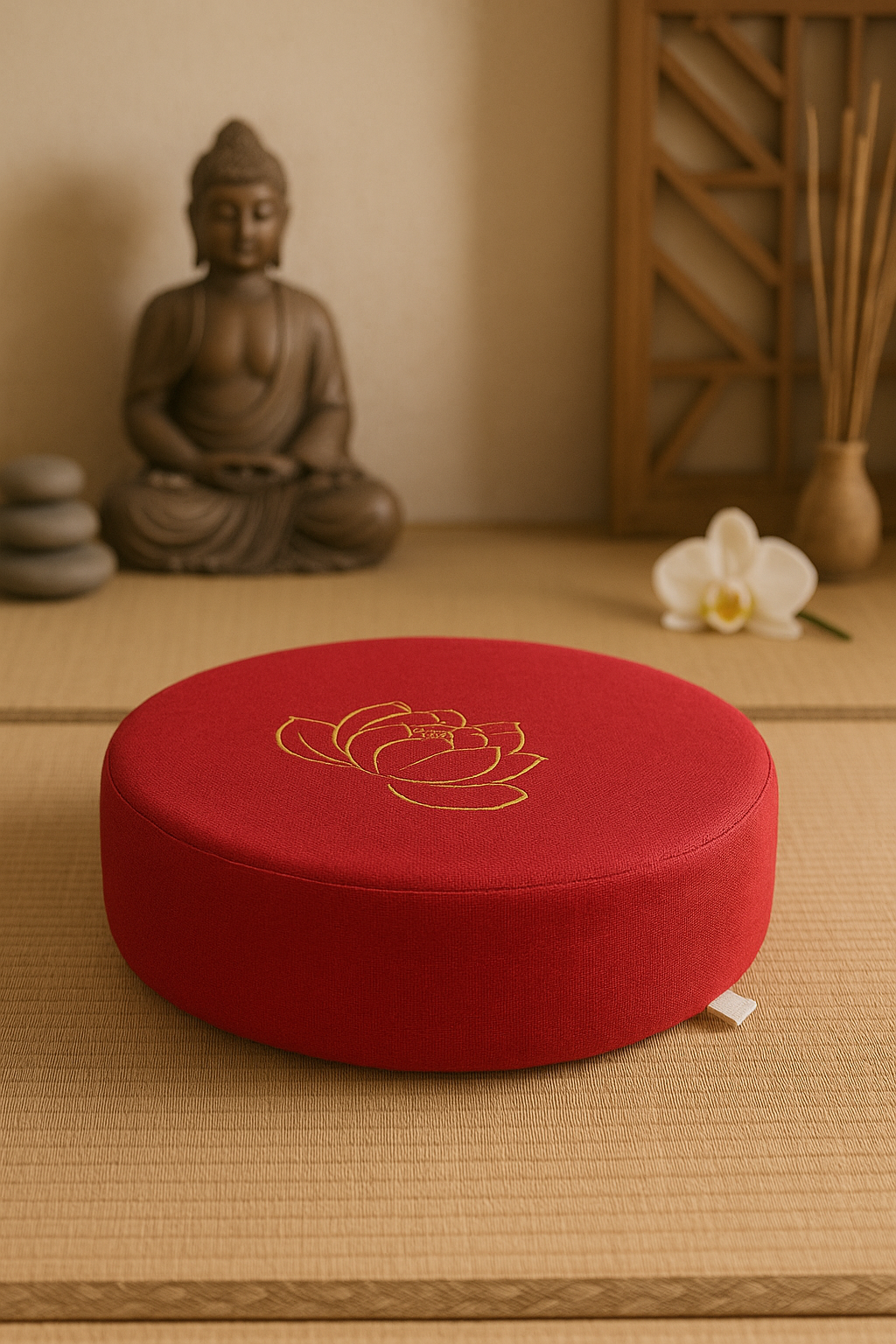 Coussin rouge de méditation en lin – assise ergonomique pour posture lotus