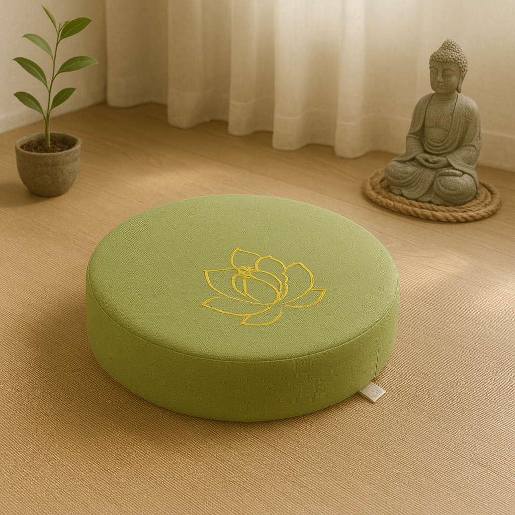 Coussin vert clair en lin épais – assise confortable pour séance de méditation