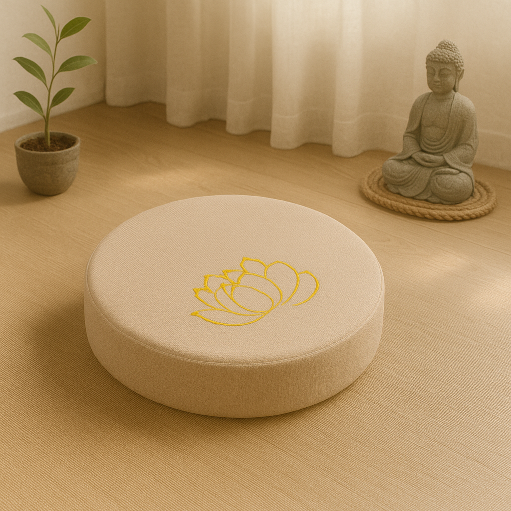 Coussin beige naturel en lin pour méditation – confort au sol et ambiance zen