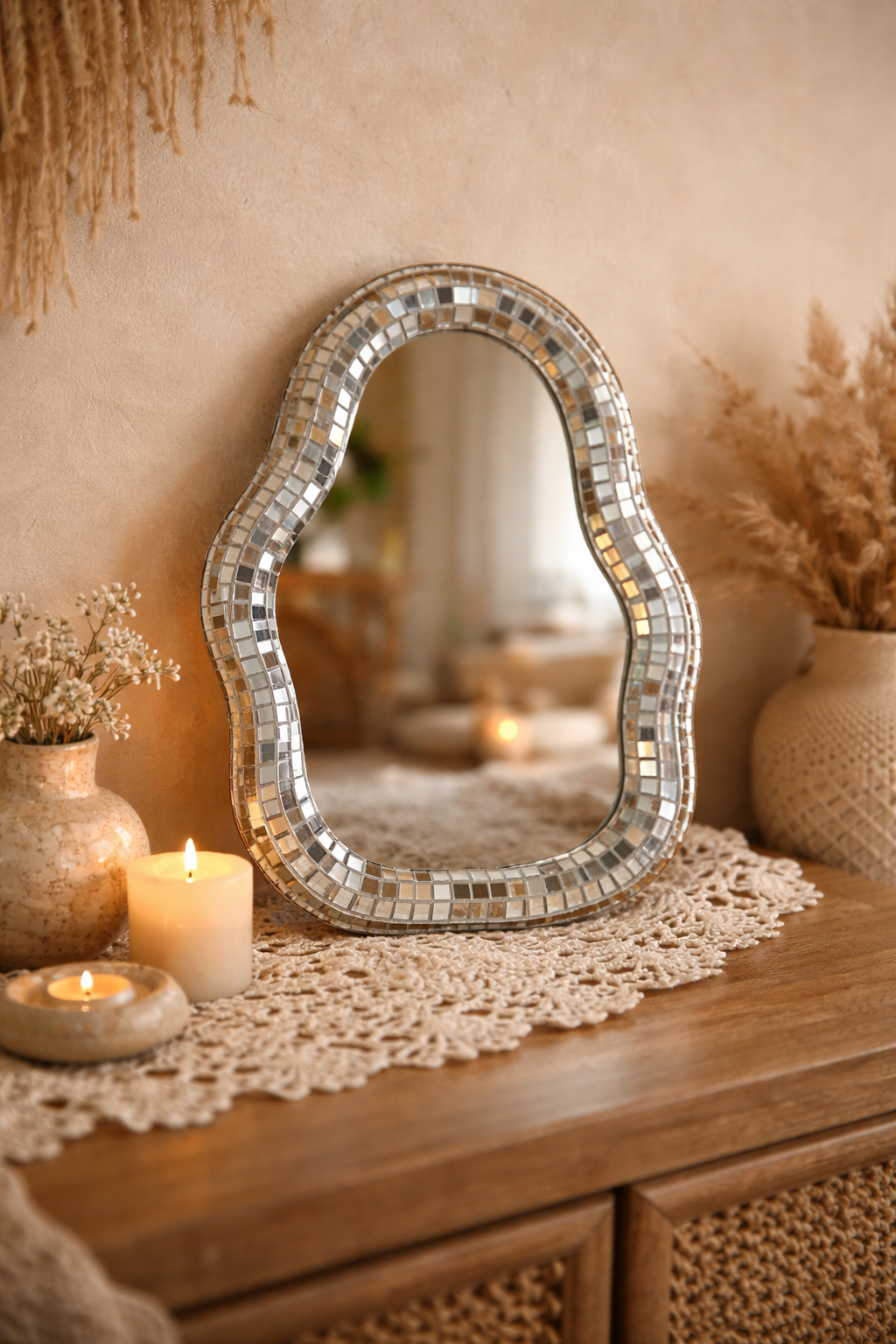 Miroir sur pied disco mosaïque vue de face, décoration intérieure rétro