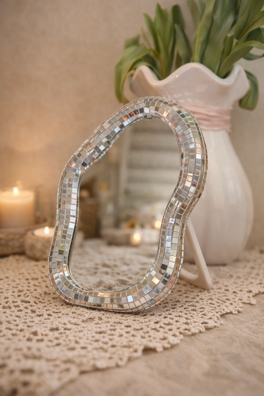 Miroir sur pied disco mosaïque argent dans une ambiance bohème chic