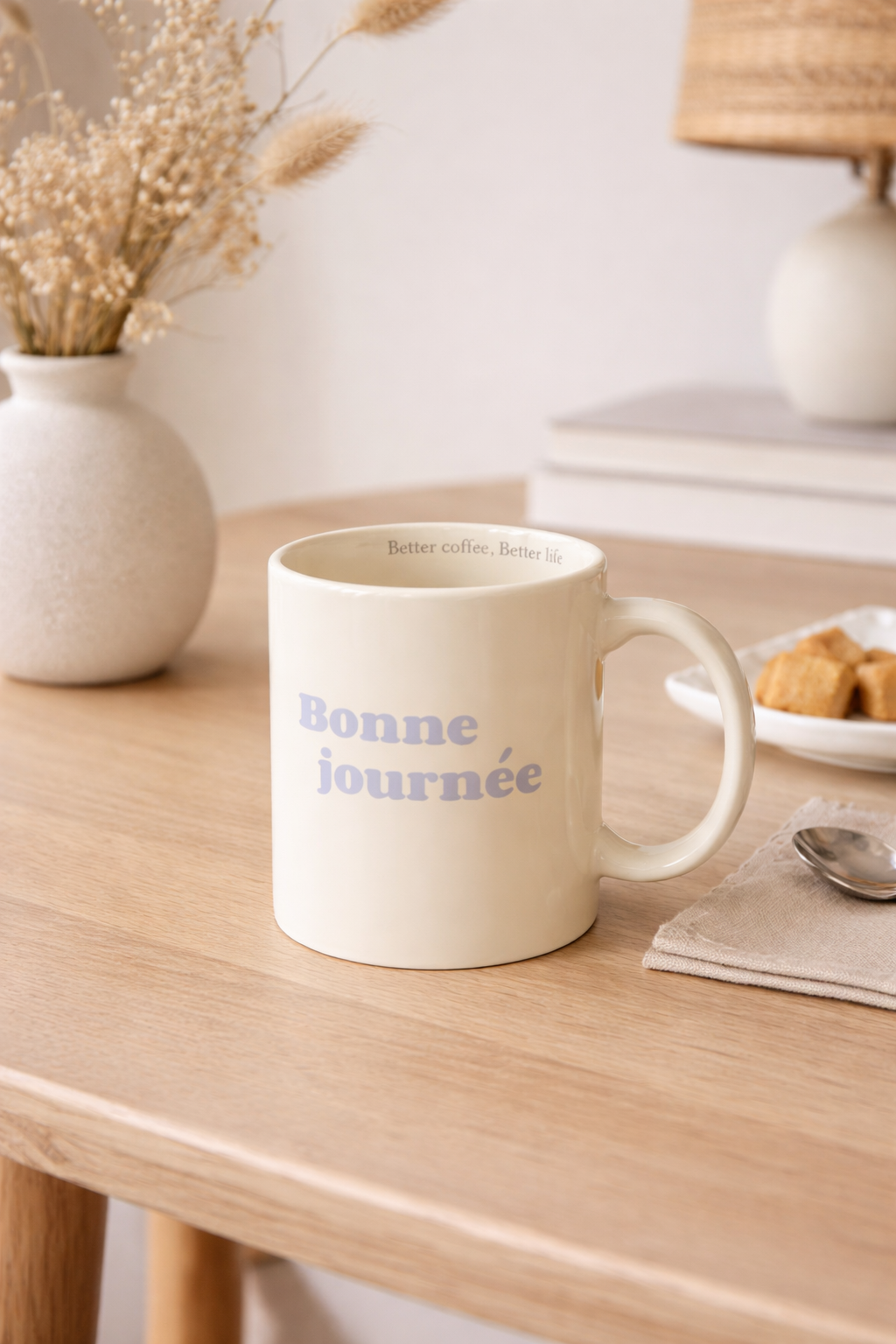 Mug Bonne Journée en céramique 320 ml design scandinave pour café, thé et petit déjeuner