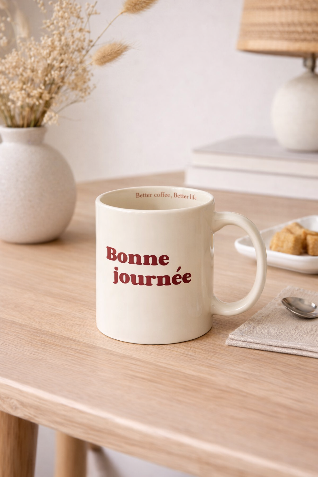 Tasse en céramique Bonne Journée 320 ml beige style français minimaliste sur table en bois