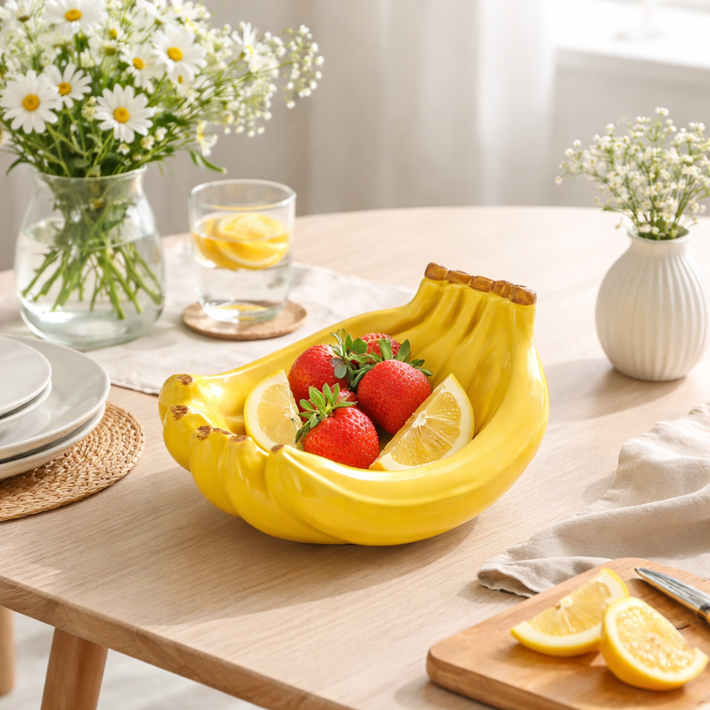 Accessoire déco moderne coupe banane jaune pour centre de table