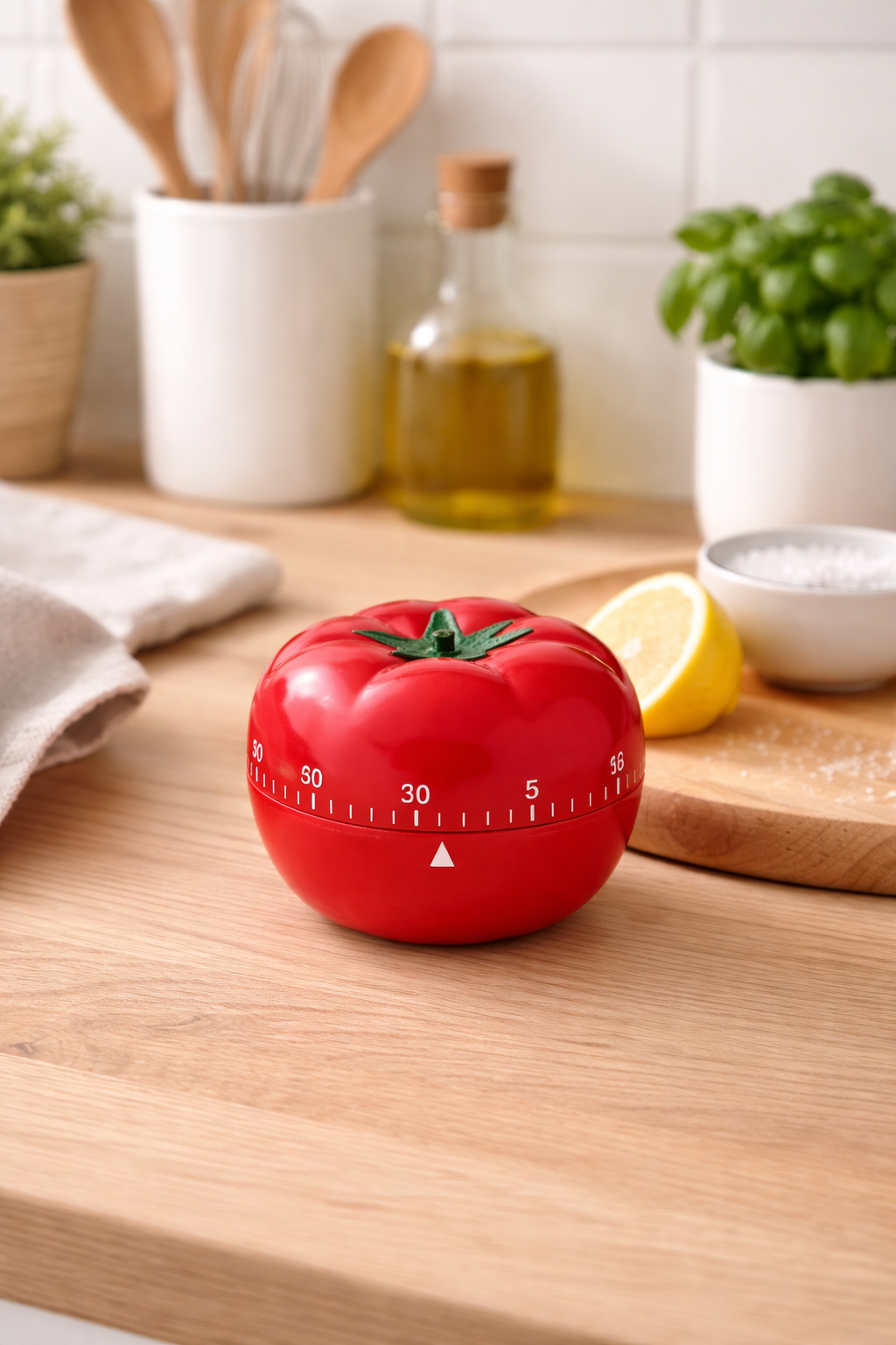 Minuteur tomate analogique rouge pour cuisson précise et cuisine design